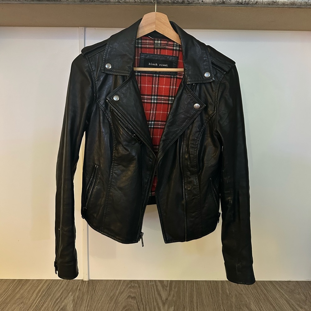 Women's Black GENUINE Leather Jacket with Red Lining
